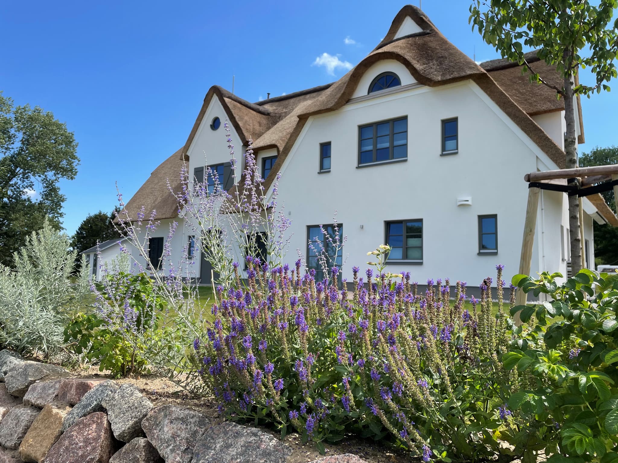 Ferienhaus mit Reetdach und Grünanlage