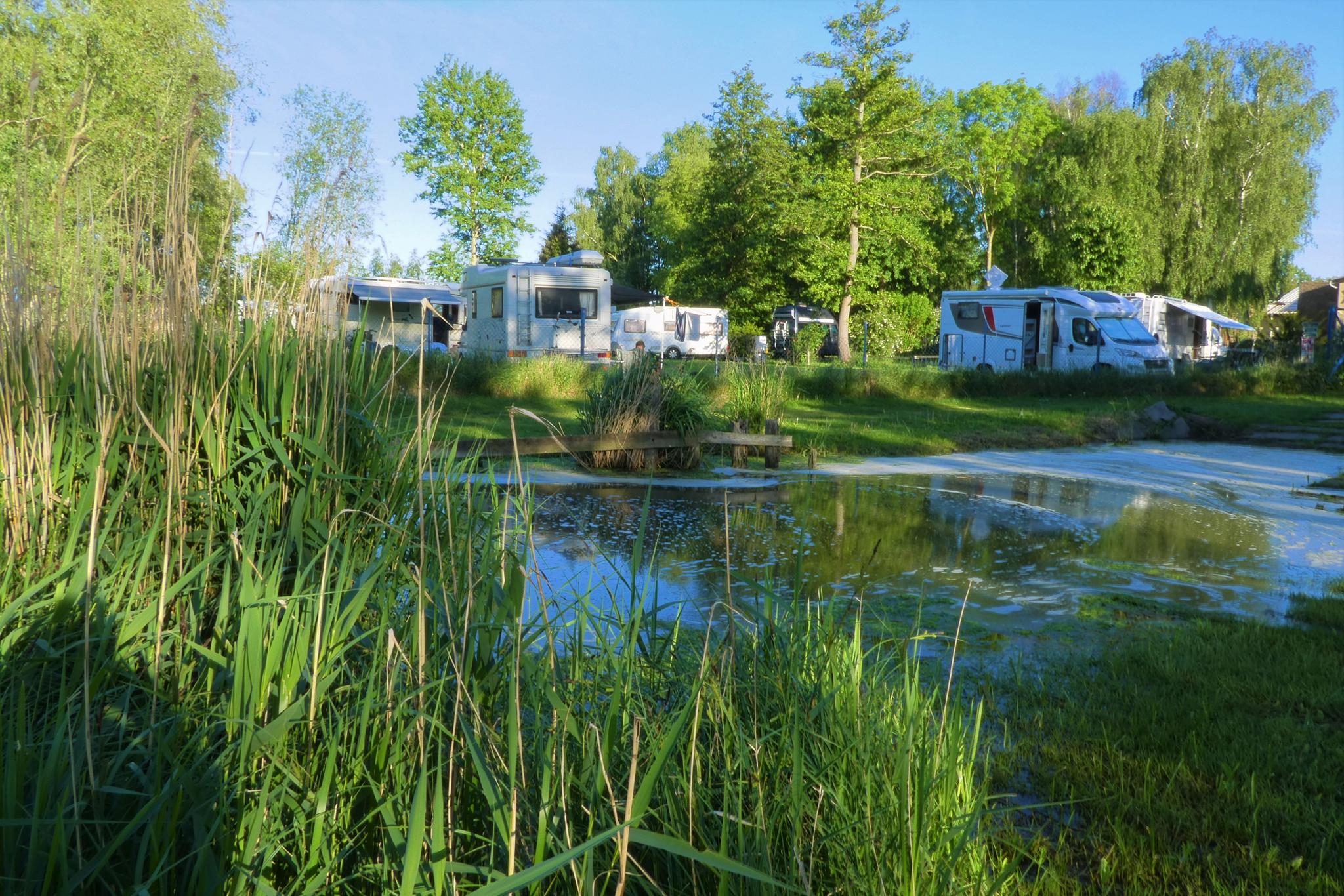 Wohnmobile auf Campingplatz im Grünen an einem Teich