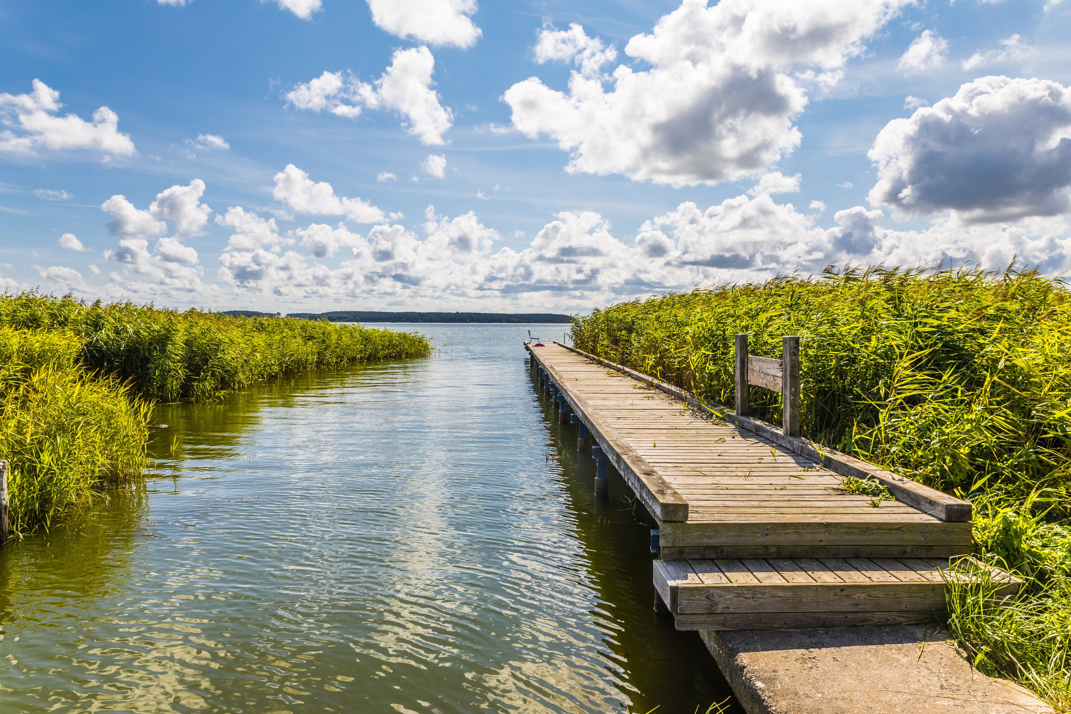 Das Bild zeigt den kleinen Seesteg im Hafen von Neeberg, einem Ortsteil von Krummin.
