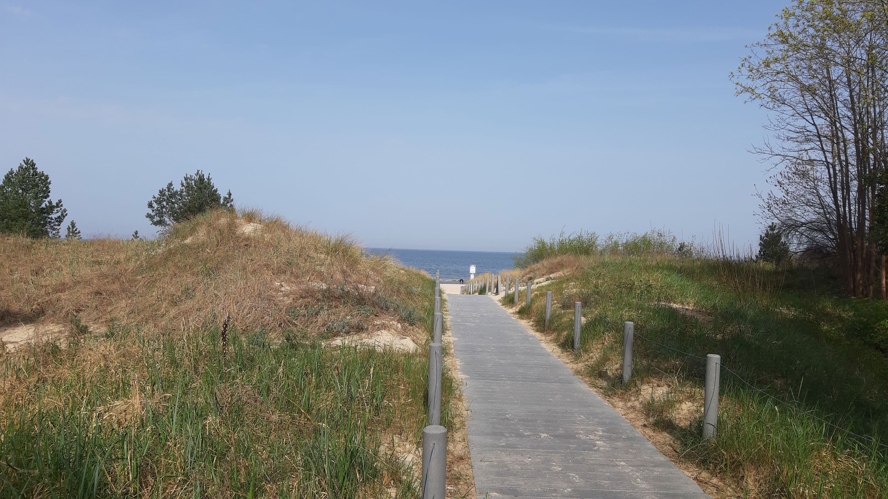 befestigter Holzweg, der zum Strand führt