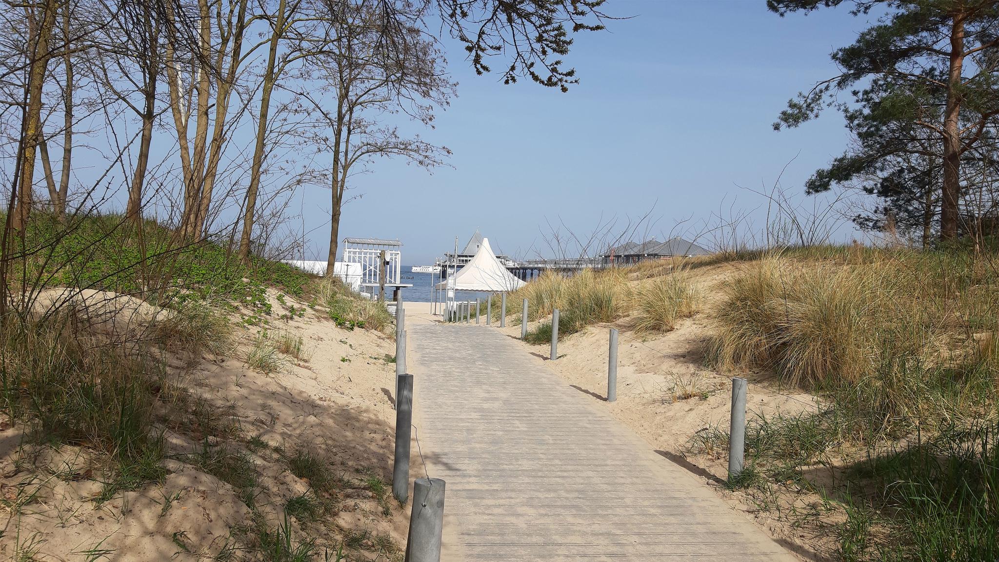 befestigter Holzweg, der zum Sommerkino-Strand der Kaiserbäder führt