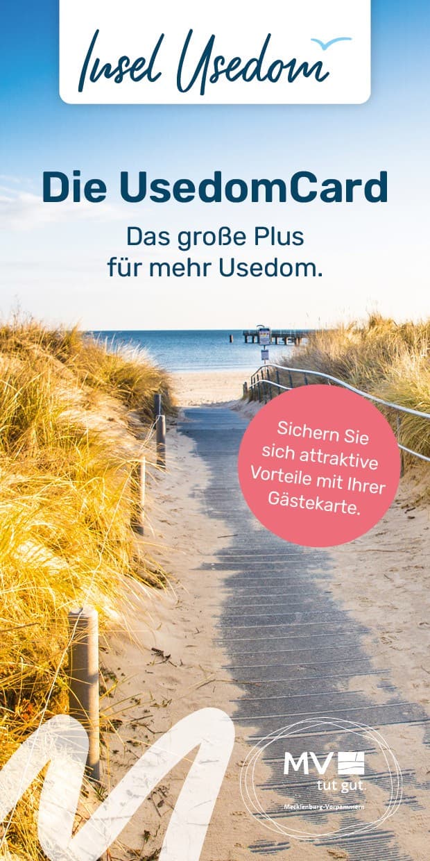 Titel der Usedom Broschüre 2025 mit Strandaufgang 