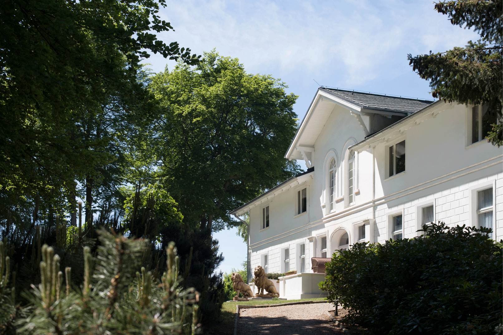 Frontalansicht eines weißen Hauses im Wald 