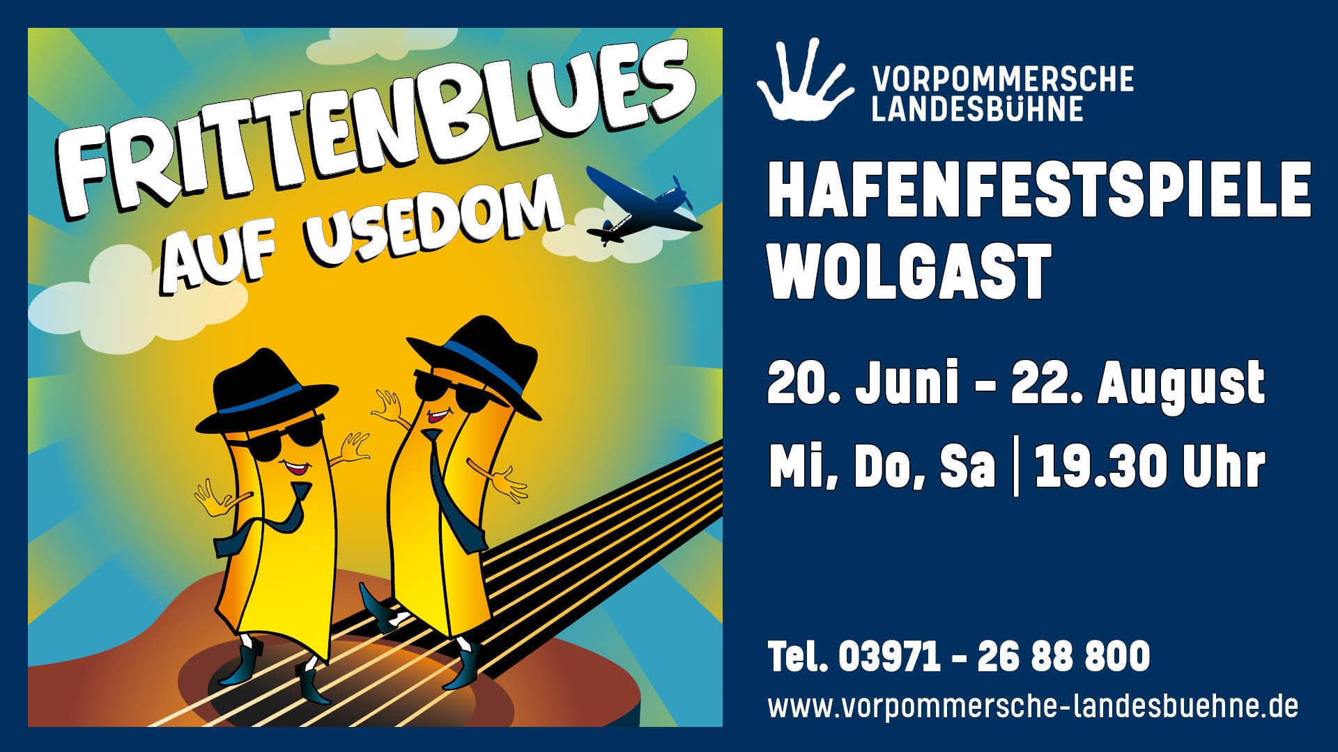 Programm 2026: Frittenblues auf Usedom. Zwei Pommes tanzen auf einer Gitarre