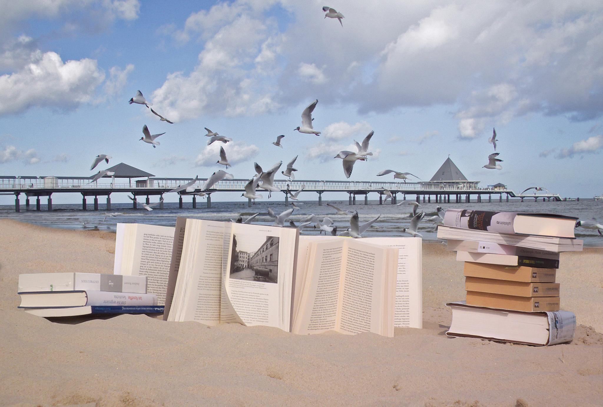 Bücher am Strand vor der Heringsdorfer Seebrücke