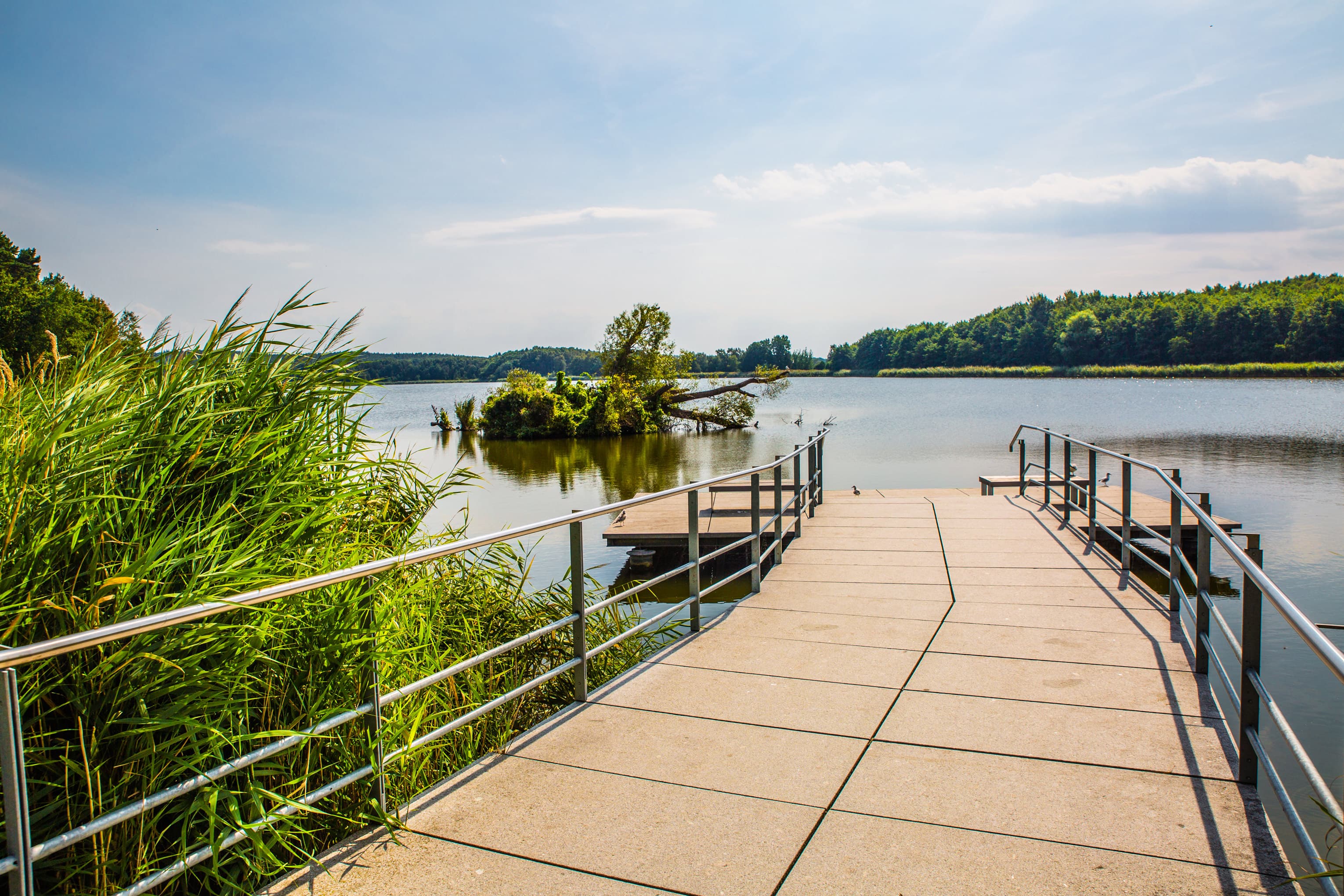 The photo shows the pier with a small boat dock on Lake Kölpinsee in the seaside resort of Loddin