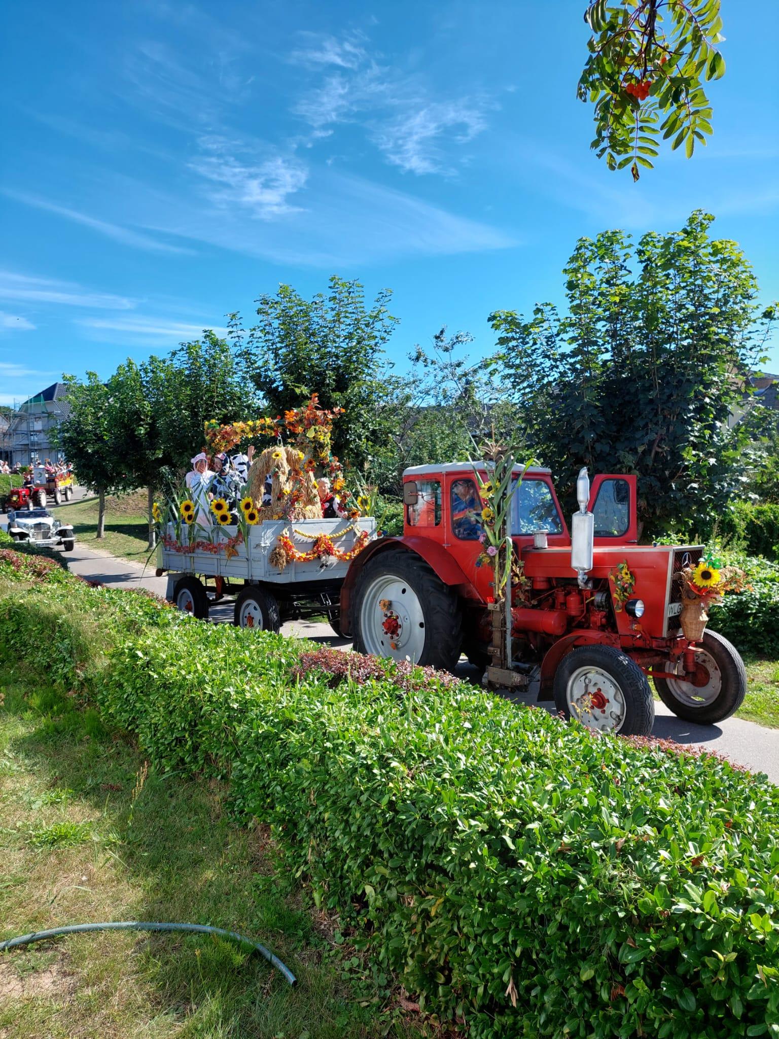 Das Bild zeigt einen geschmückten Traktor zum Erntefest im Seebad Loddin auf der Insel Usedom.
