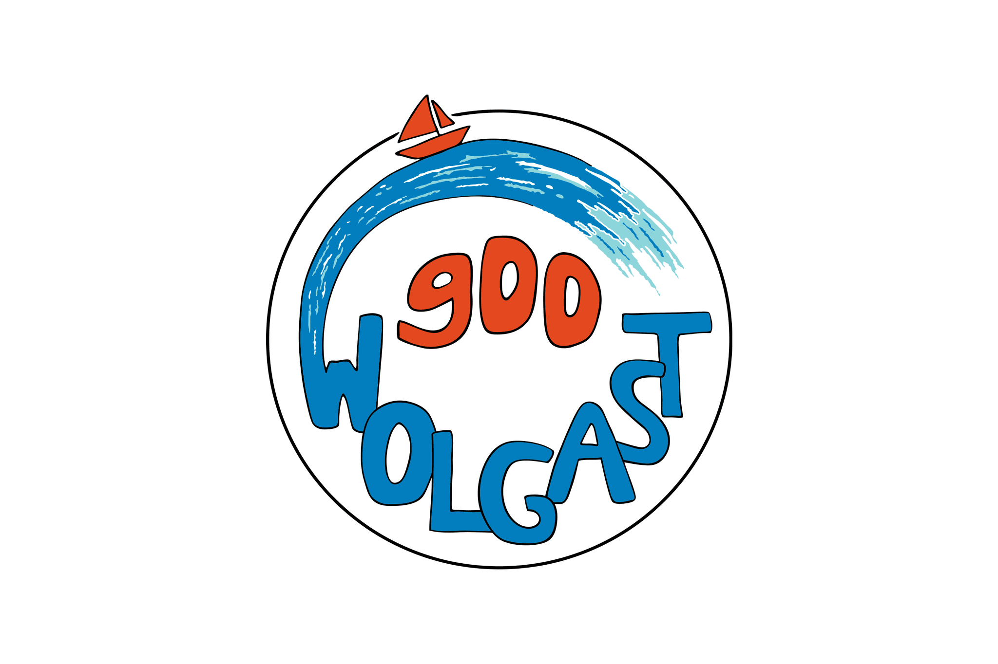 rundes Logo mit Schriftzug "Wolgast 900", Welle und einem Segelboot